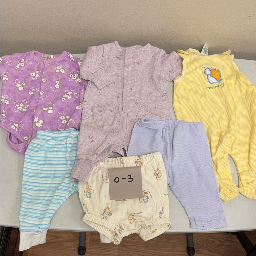 Mixed Baby Onesies & Pants Bundle - Lavender, Yellow, Blue, Cream